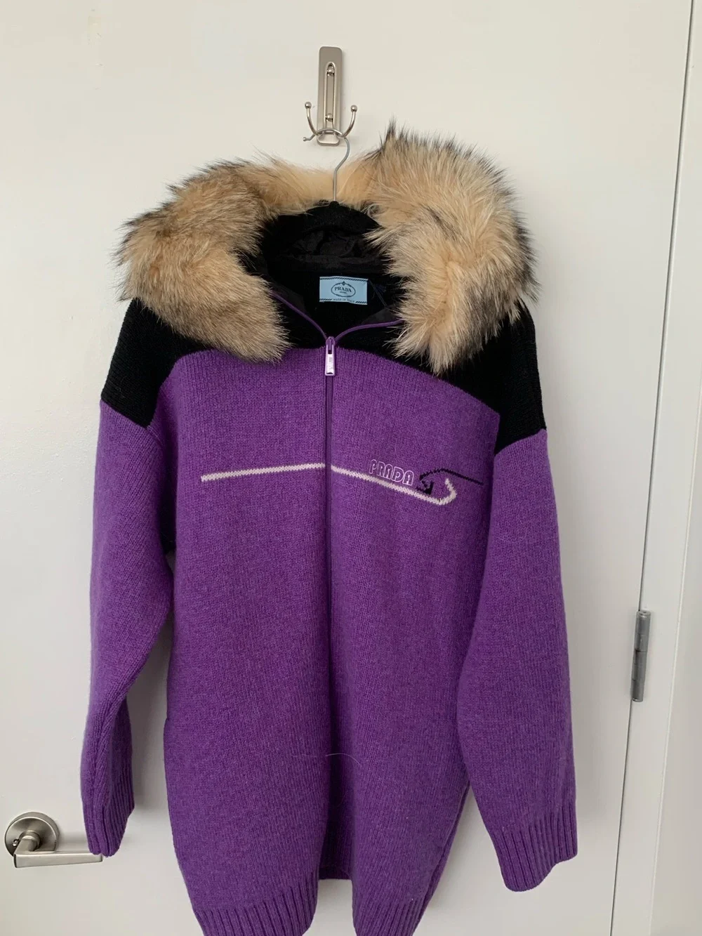 Prada virgin wool zip up cardigan coat fox fur hood amethyst NWT